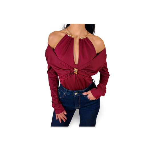 Блуза в бордо с открити рамене
