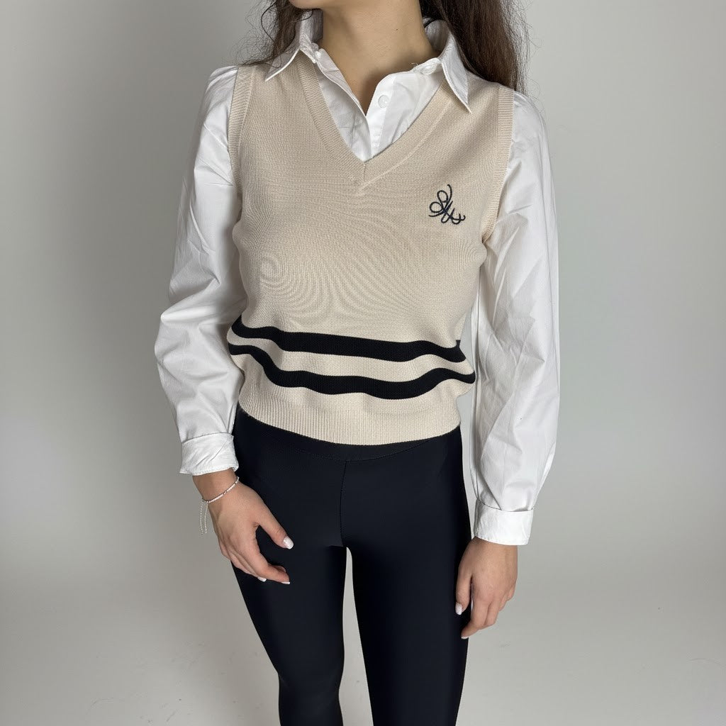 Риза с пуловерче в бежово