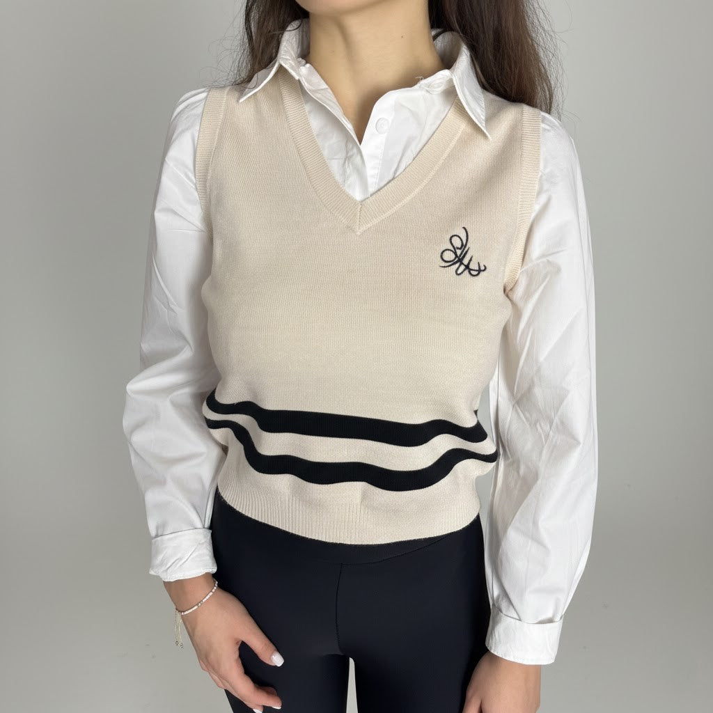 Риза с пуловерче в бежово