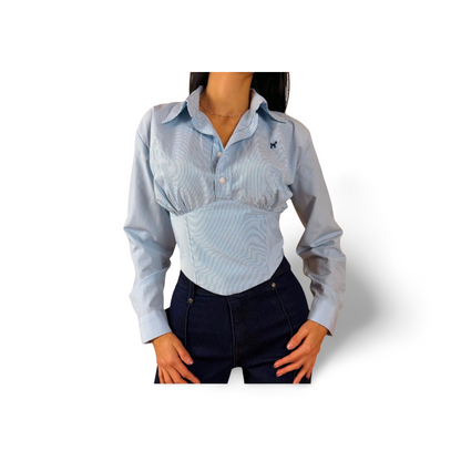 Синя риза с корсетен дизайн и райе