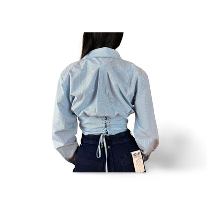 Синя риза с корсетен дизайн и райе