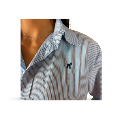 Синя риза с корсетен дизайн и райе