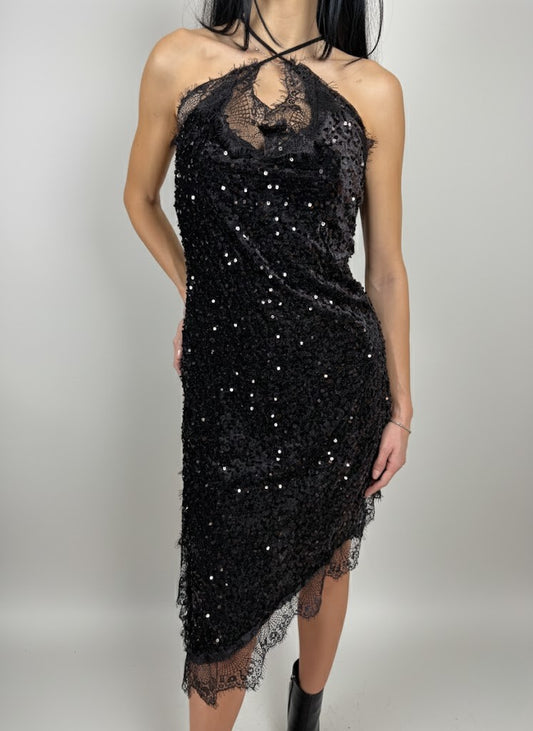 Кафява дантелена рокля с кадифе и пайети